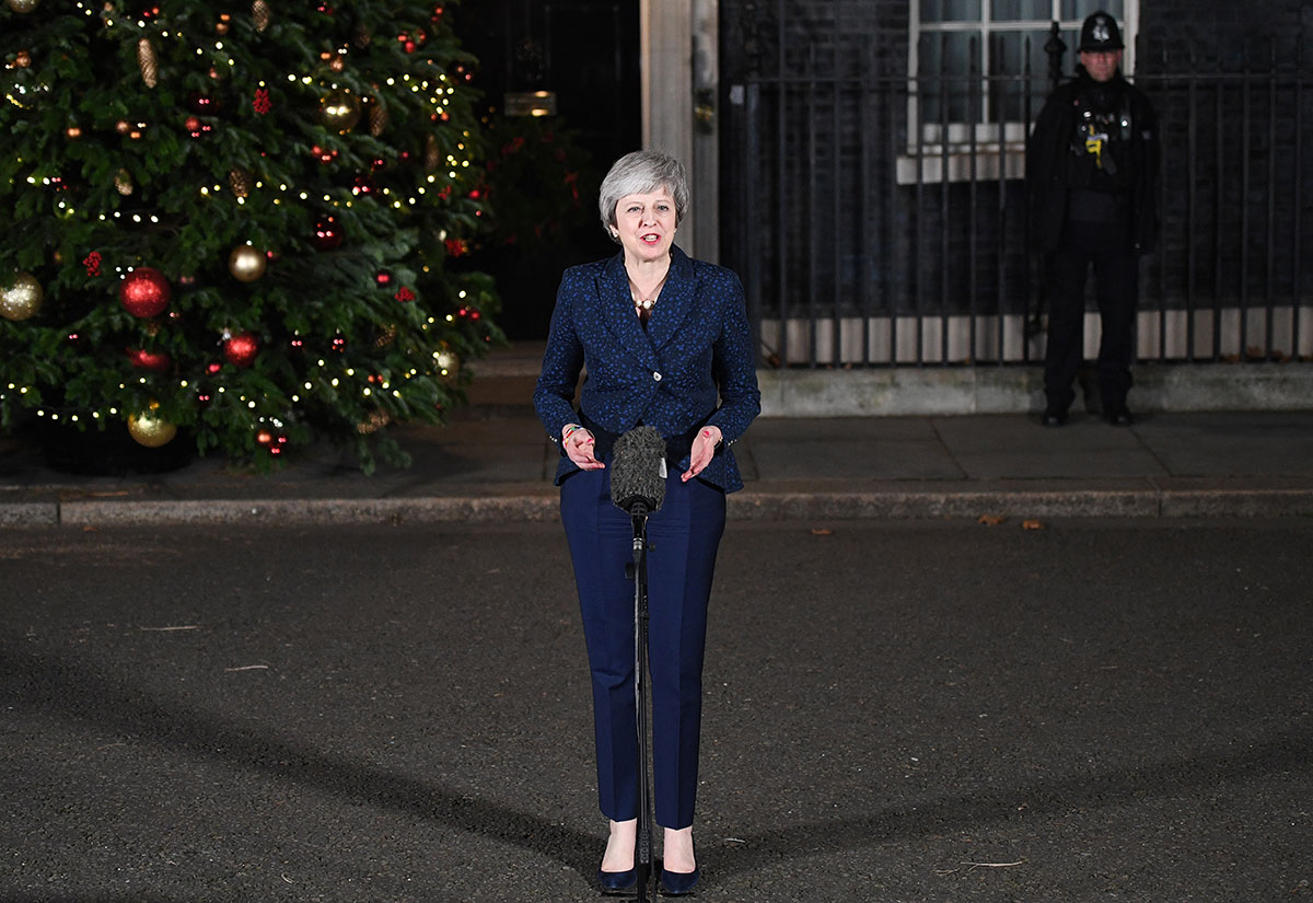 British Prime Minister Theresa May makes a statement outside Number 10 Downing Street on December 12, 2018 in London, England.