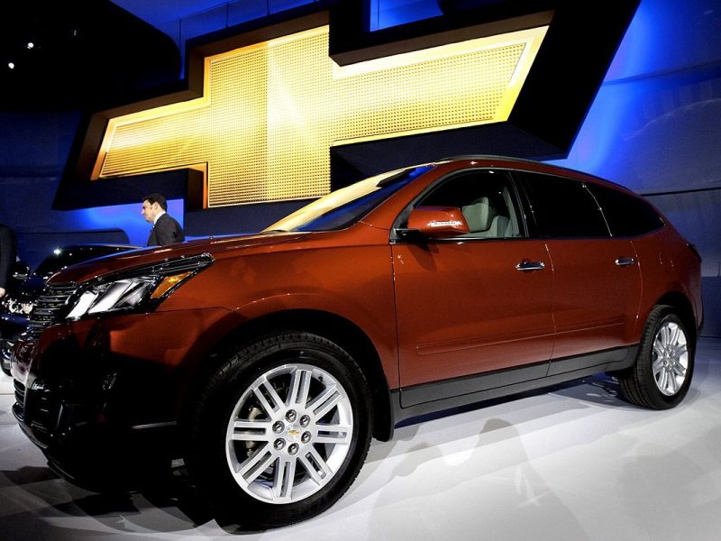 The General Motors (GM) Chevrolet Traverse stands before a news conference at the New York International Auto Show. (Bloomberg)