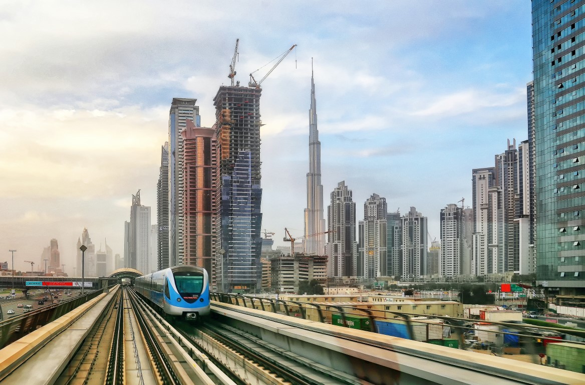 Dubai’s metro and tram network spans about 100km and has 64 stations. 