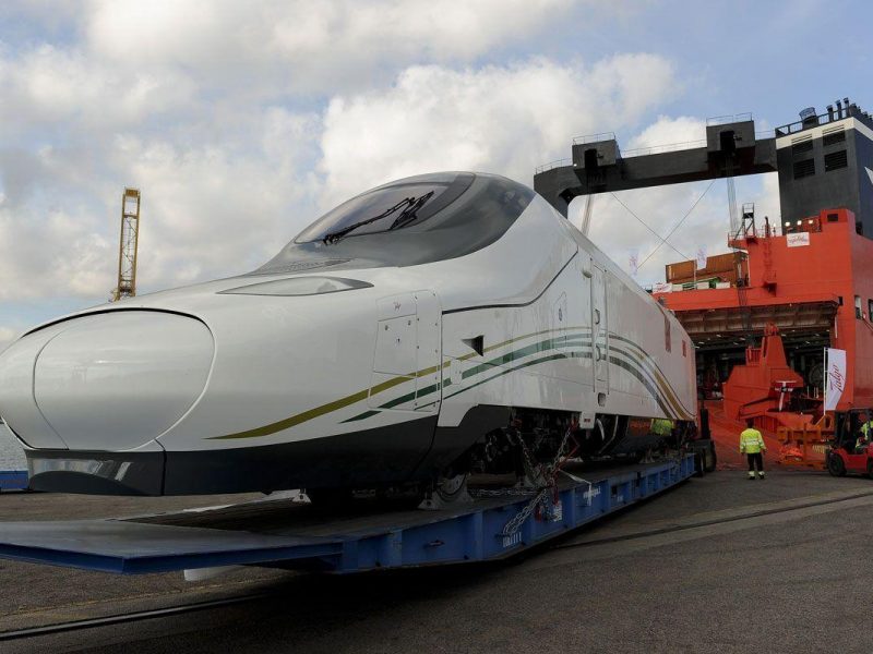 A unit of the new highspeed train built by Spanish manufacturer Talgo is loaded onto a freighter in Barcelonas port on December 12, 2014 bound for Jeddah City in Saudi Arabia. (AFP/Getty Images)