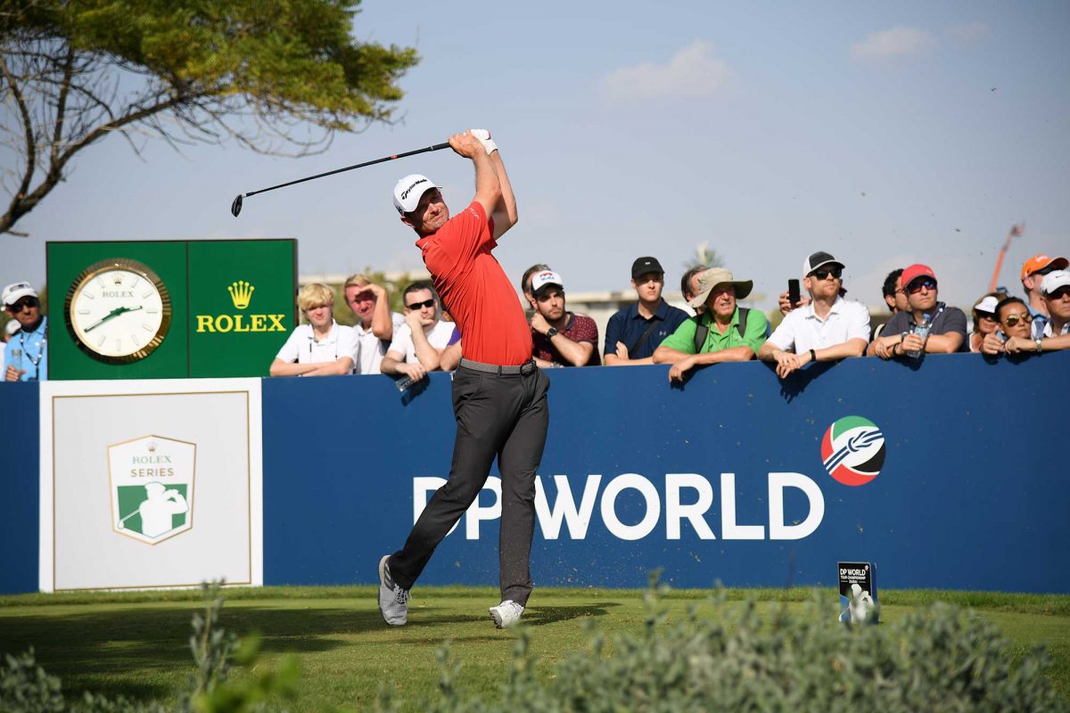 Justin Rose of England tees off on the 11th hole during the third round of the DP World Tour Championship at Jumeirah Golf Estates in Dubai, United Arab Emirates.