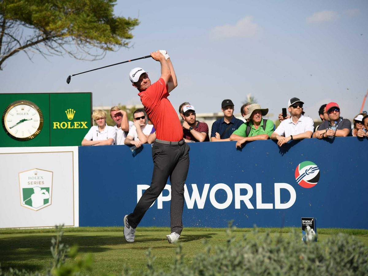 Justin Rose of England tees off on the 11th hole during the third round of the DP World Tour Championship at Jumeirah Golf Estates in Dubai, United Arab Emirates.