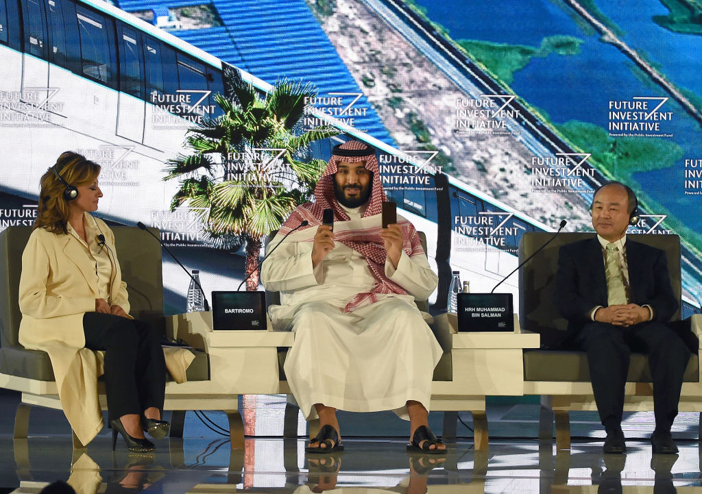 Saudi Crown Prince Mohammed bin Salman (centre), US journalist Maria Bartiromo (left) and Masayoshi Son. the CEO of SoftBank attend the Future Investment Initiative FII conference in Riyadh
Photo: FAYEZ NURELDINE/AFP/Getty Images.