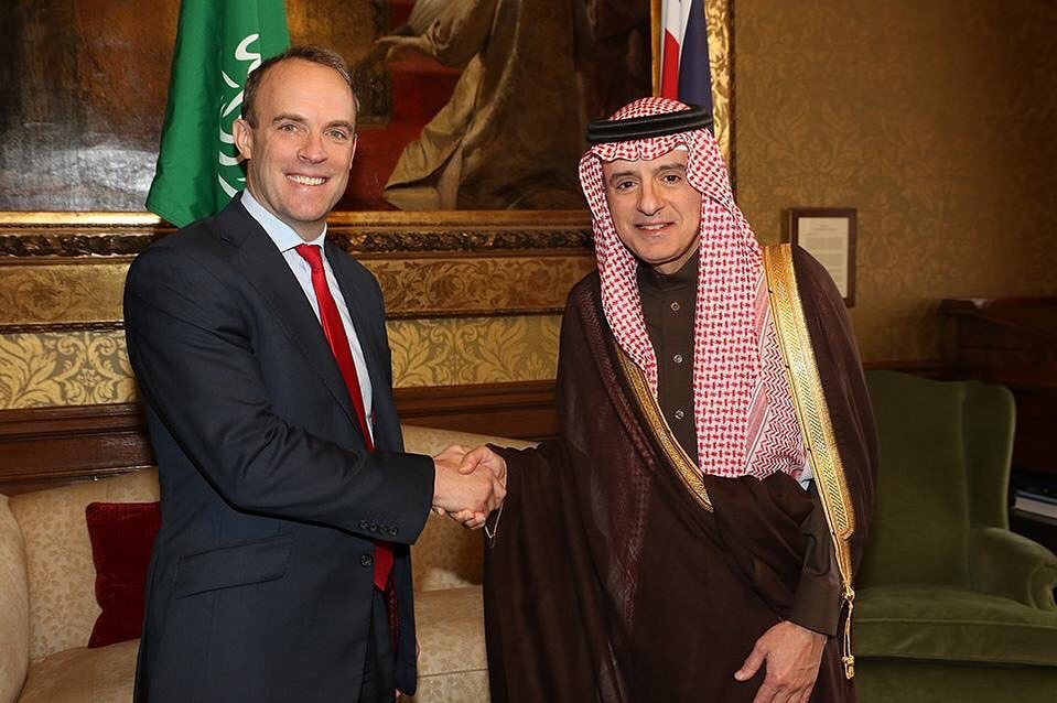 British foreign secretary Dominic Raab pictured with Adel Al-Jubeir, Minister of State for Foreign Affairs in London.  Image: Saudi Press Agency.