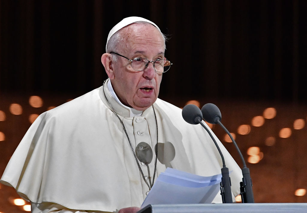 Pope Francis delivers a speech in Abu Dhabi on February 4. (VINCENZO PINTO/AFP/Getty Images)