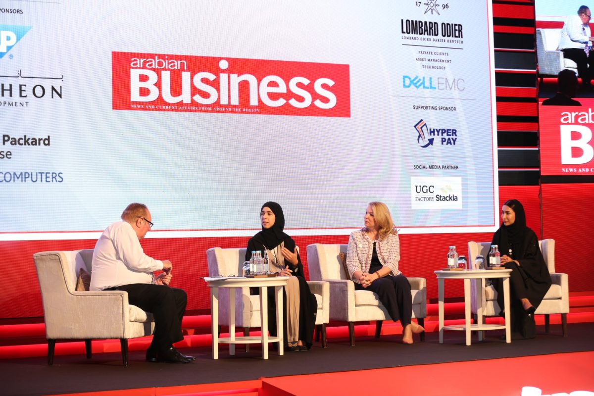 Andrew Neil, ITP Media Group chairman, in discussion with Iman Al Qassim, Chief Human Resources Officer, ENOC; Danny Leinders, Senior Client Partner, Korn Ferry Middle East, and Maha Al Qattan, Senior Vice President Group People, DP World.