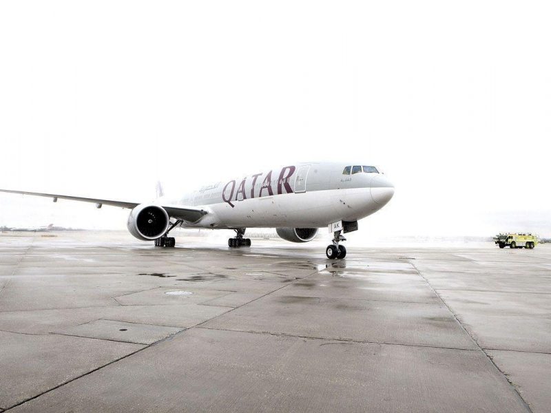 Qatar Airways inaugural passenger flight to Chicago is welcomed by a traditional water salute at Chicago OHare Airport on April 10, 2013 in Chicago, Illinois. (Getty Images for Qatar Airways)