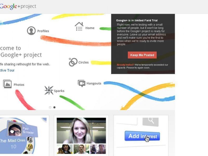 Central to Google+ are the "circles" of friends and acquaintances (https://plus.google.com screenshot)