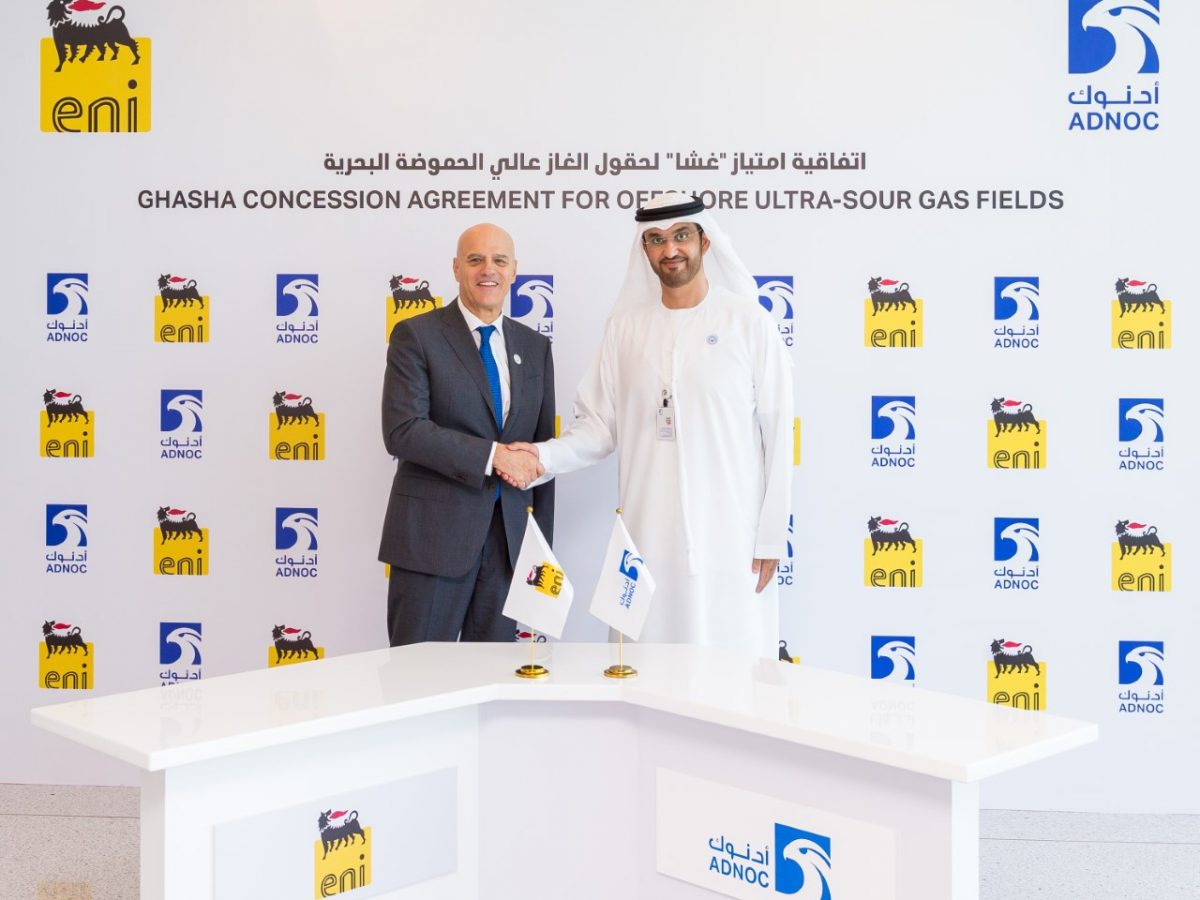 The concession, which has a term of 40 years, was signed by Dr Sultan Ahmed Al Jaber, UAE Minister of State and ADNOC Group CEO and Claudio Descalzi, CEO of ENI.