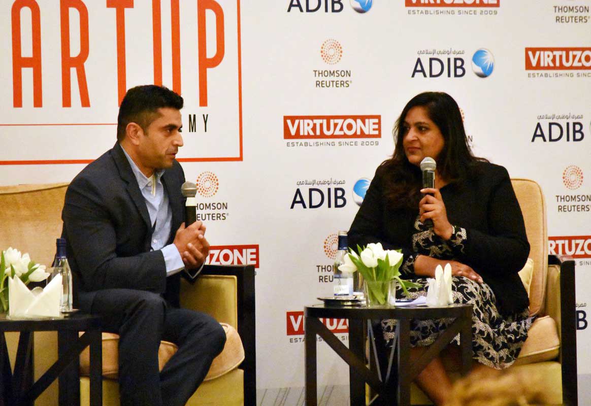 Maaz Sheikh, founder and co-chief executive of Dubai-based online streaming service Starz Play speaking at the Arabian Business Startup Academy, with Kay Marham, Arabian Business Startup magazine editor.