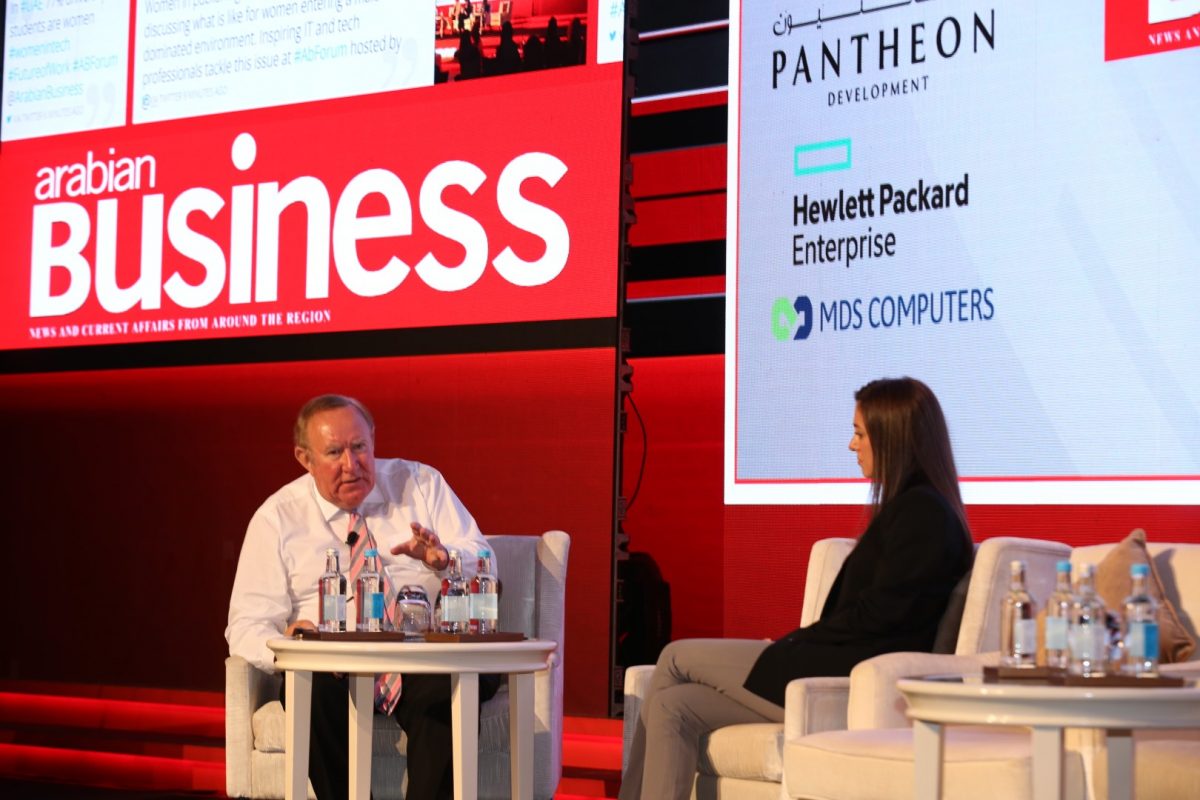 Noor Sweid, general partner at Dubai-based Global Ventures, speaking to ITP Chairman Andrew Neil at the Arabian Business Forum in Dubai on Monday,