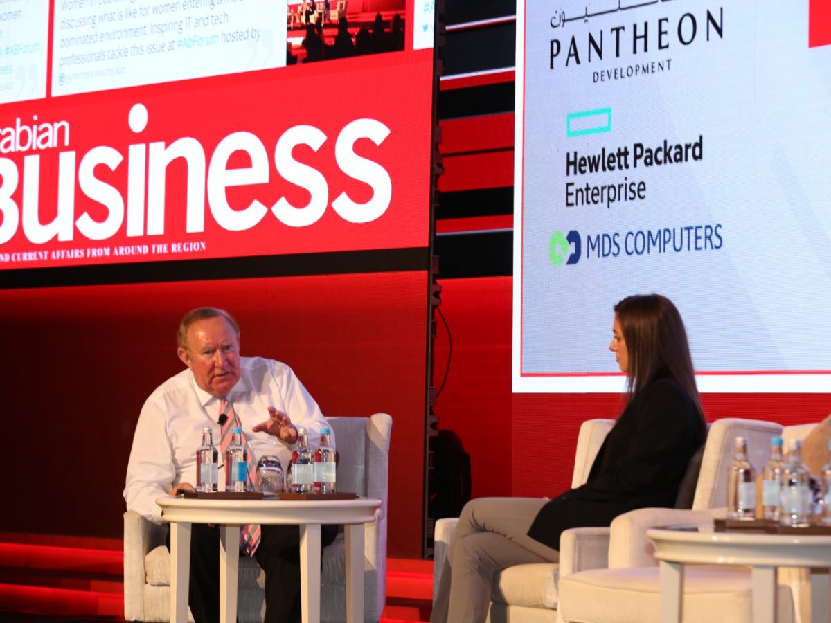 Noor Sweid, general partner at Dubai-based Global Ventures, speaking to ITP Chairman Andrew Neil at the Arabian Business Forum in Dubai on Monday,