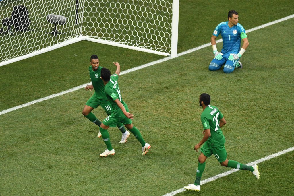 Saudi Arabia's forward Salem Al Dawsari (left) celebrates after scoring the winning goal during the Russia 2018 World Cup Group A football match between Saudi Arabia and Egypt at the Volgograd Arena
Photo: MARK RALSTON/AFP/Getty Images