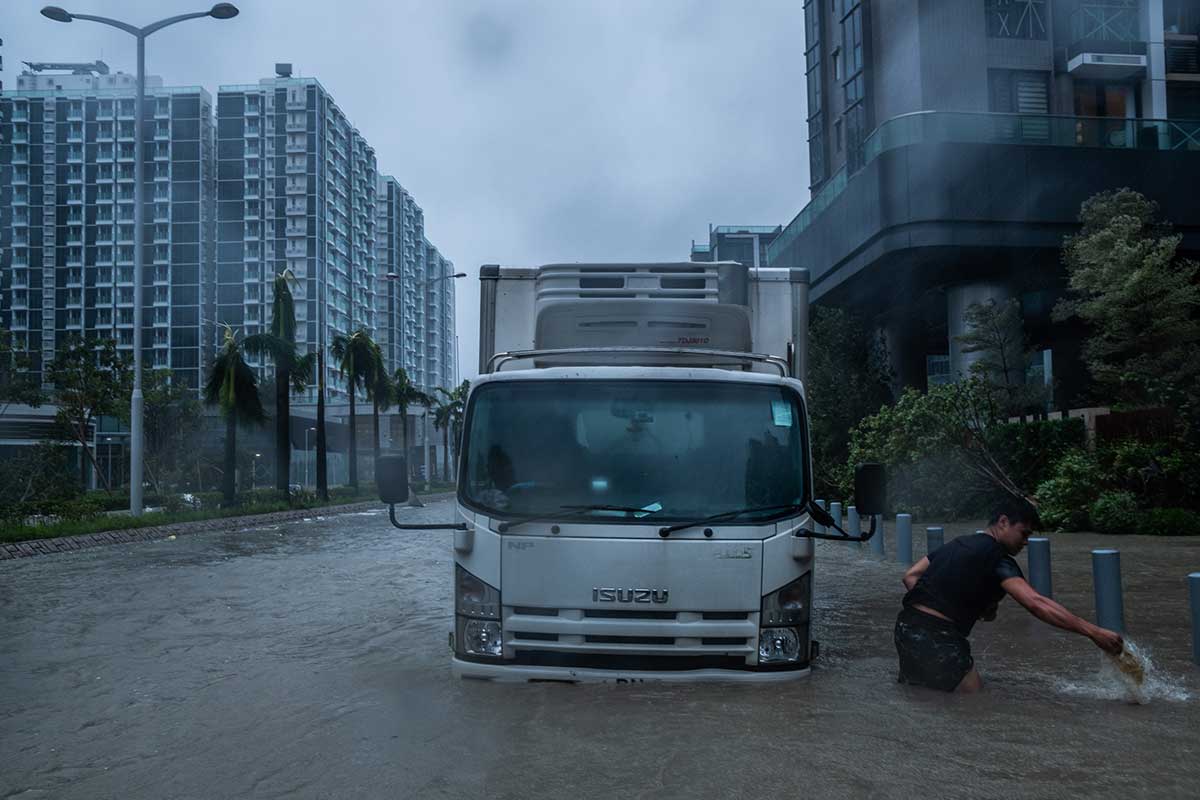 Flooded road is seen on September 16, 2018 in Hong Kong.