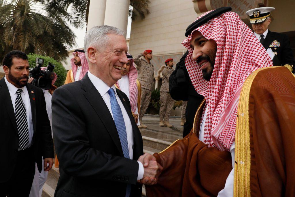 US Defence Secretary James Mattis bids farewell to Saudi Deputy Crown Prince Mohammed bin Salman (C-R) following their meeting in Riyadh on April 19, 2017. (AFP/Pool/Jonathan Ernst)