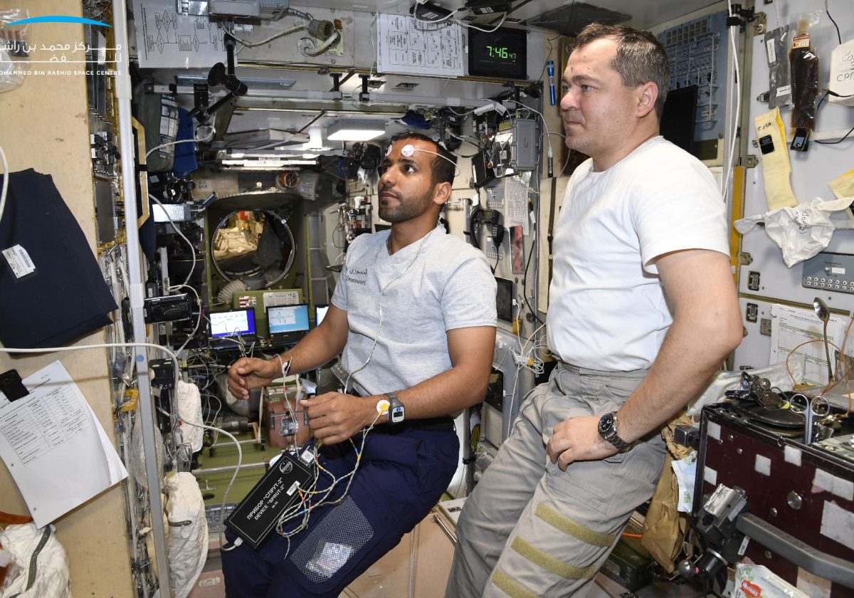 Hazzaa  Al Mansoori shared a series of photos with the team at the Mohammed bin Rashid Space Centre, MBRSC, conducting an experiment on bone status indexes, body composition, and endocrine regulation in astronauts.