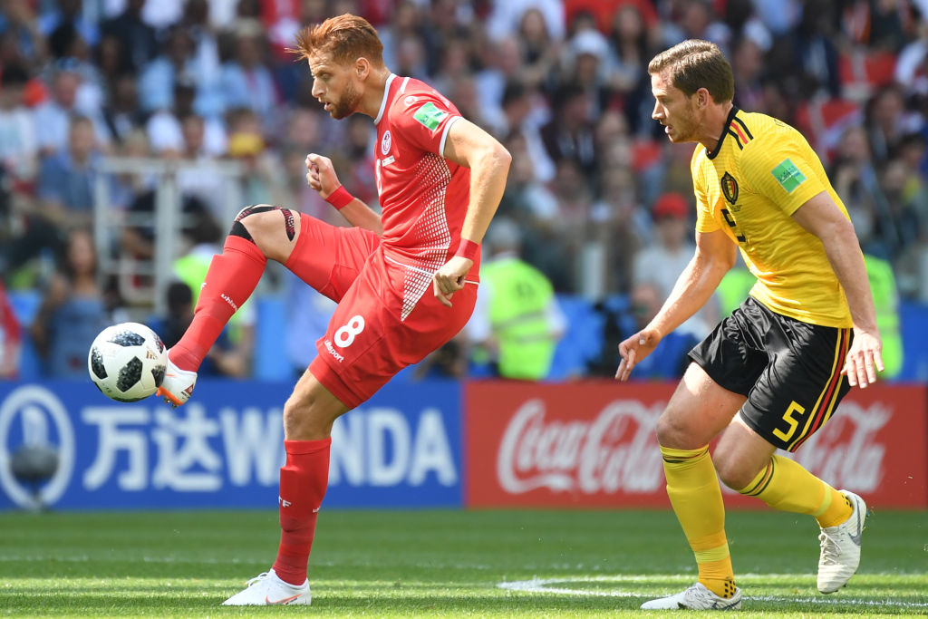 Tunisias forward Fakhreddine Ben Youssef (left) vies with Belgiums defender Jan Vertonghen during the Russia 2018 World Cup Group G football match between Belgium and Tunisia at the Spartak Stadium in Moscow 
Photo: KIRILL KUDRYAVTSEV/AFP/Getty Images