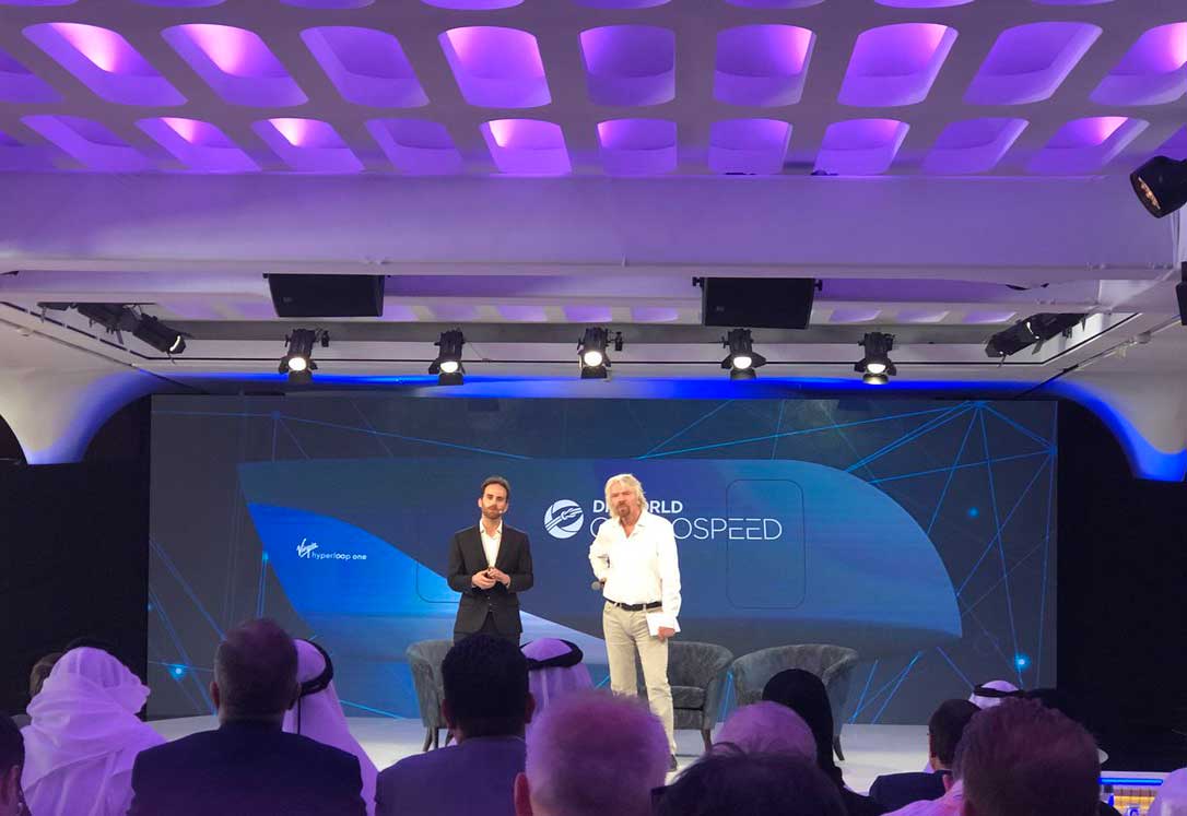 Virgin Hyperloop One chief technology officer and board member Josh Giegel with Richard Branson, CEO Virigin Group, at the launch in Dubai.