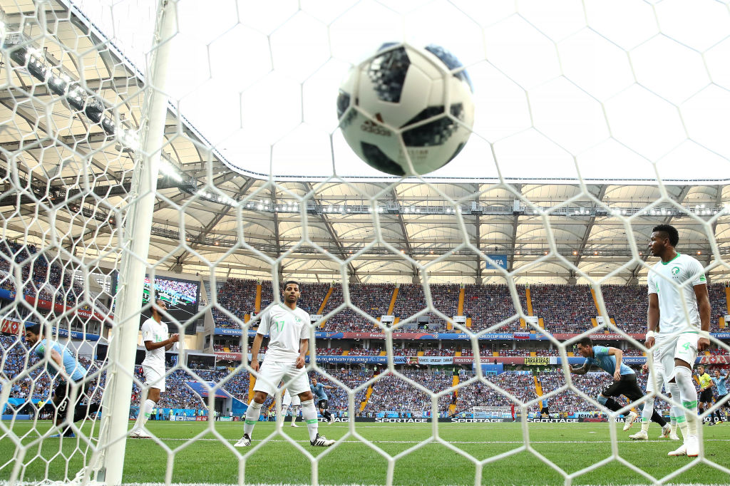 Luis Suarez of Uruguay celebrates after scoring his team's first goal during the 2018 FIFA World Cup Russia group A match against Saudi Arabia. (Ryan Pierse/Getty Images)