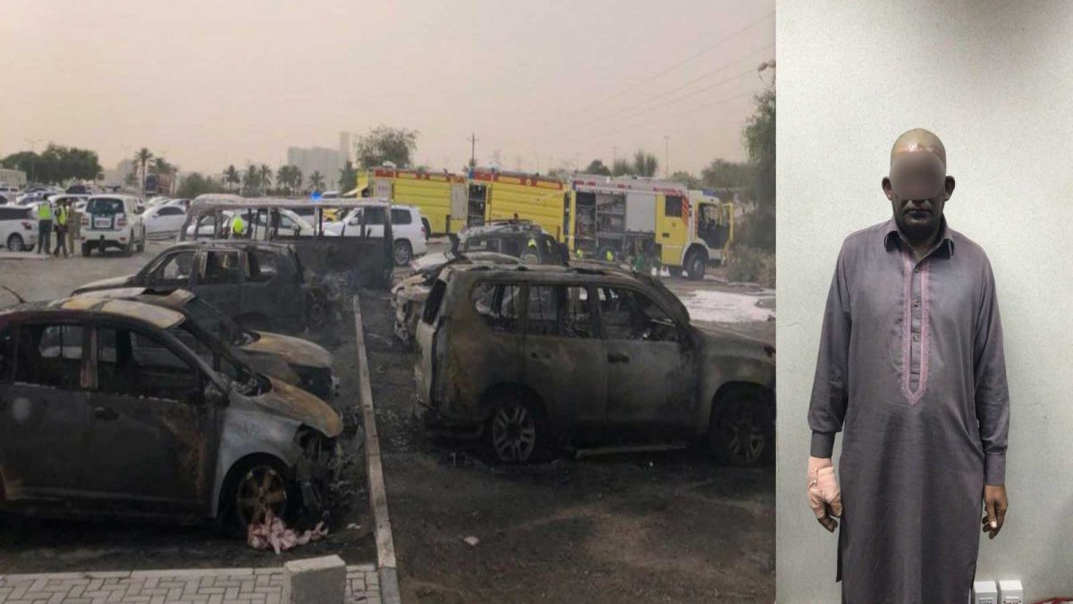 Some the cars that were burnt in the fire at Dubai Outlet Mall and the Asian suspect (right). Image: Dubai Police.