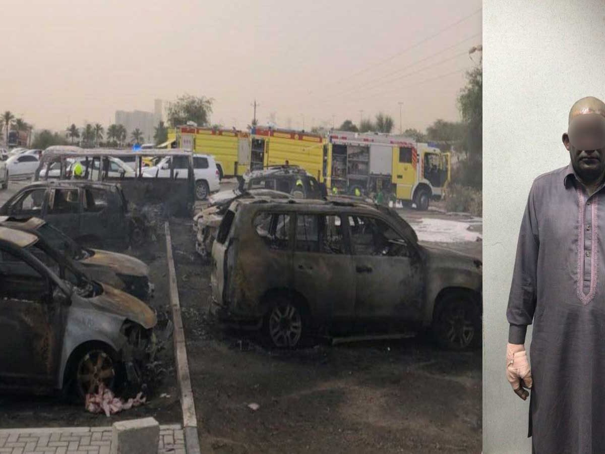 Some the cars that were burnt in the fire at Dubai Outlet Mall and the Asian suspect (right). Image: Dubai Police.