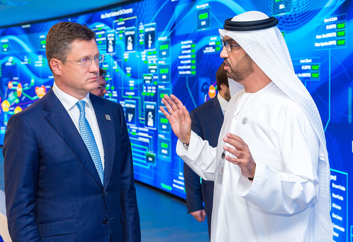 Dr. Sultan Ahmed Al Jaber with Alexander Novak at Adnoc's Panorama digital command center