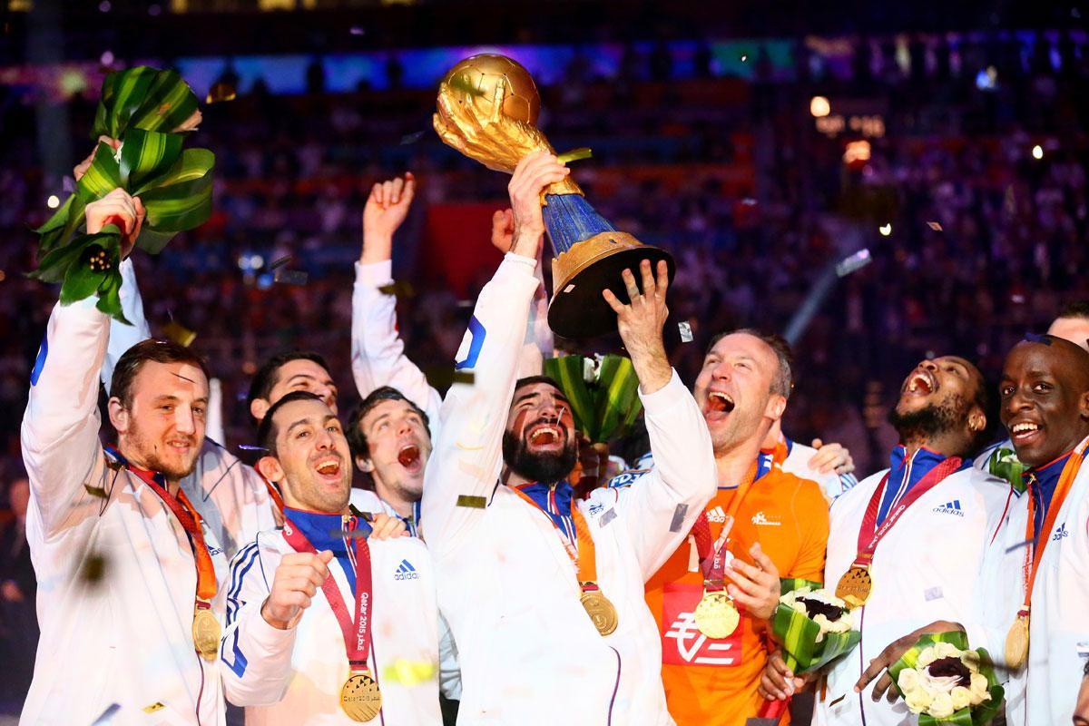 Nikola Karabatic of France (C) lifts the trophy during the podium after the final match between Qatar and France in the Mens Handball World Championship at Lusail Multipurpose Hall in Doha, Qatar. (Getty Images)