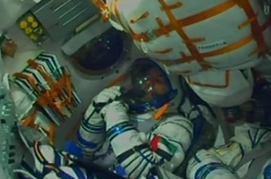 Emirati astronaut Hazzaa Al Mansoori inside the Soyuz rocket just minutes after lift-off.