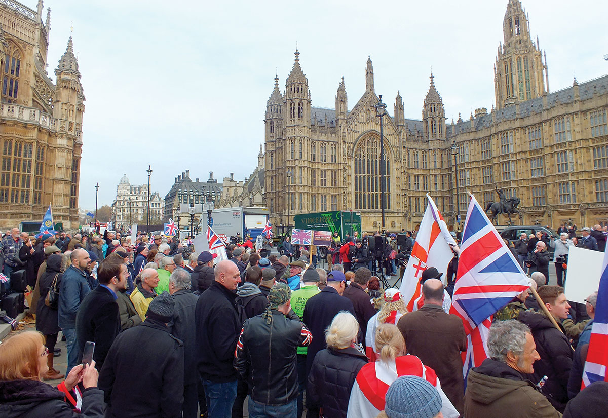 Pro-Brexit campaigners at the Houses of Parliament in central London.