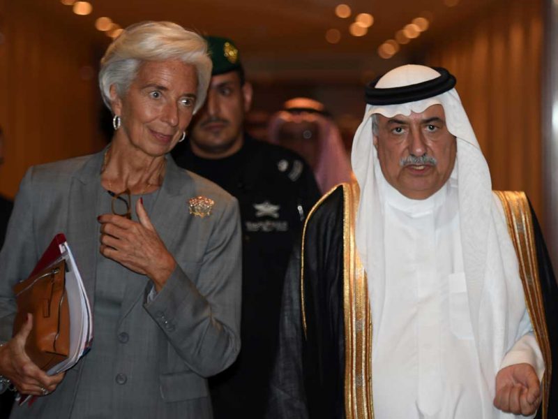 Saudi Finance Minister Ibrahim Al Assaf (L) escorts International Monetary Fund (IMF) Managing Director Christine Lagarde to a press conference following a meeting with Gulf Cooperation Council (GCC) finance ministers in the Saudi capital, Riyadh, on October 26, 2016. (Fayez Nureldine/AFP/Getty Images)