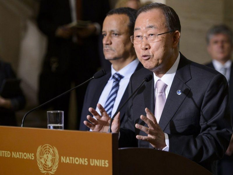 United Nations (UN) General Secretary Ban Ki-moon (C) speaks next to the UN Special Envoy for Yemen Ismail Ould Cheikh Ahmed on June 15, 2015 during a press conference at the UN offices in Geneva during the opening of Yemen peace talks. Yemeni representatives from each side of the conflict pitting Iran-backed rebels against the internation