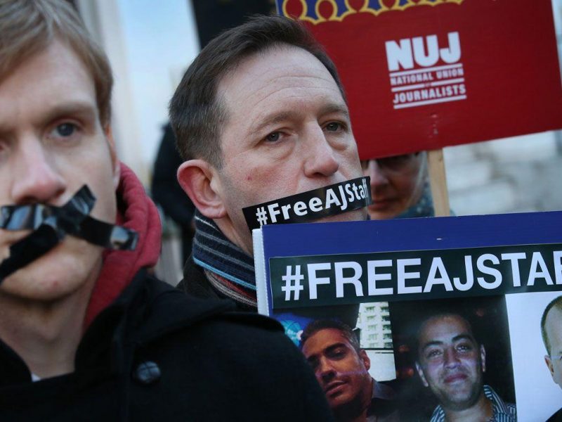 Journalists and supporters demonstrate outside the Egyptian embassy as they call for the release of Al Jazeera television journalists Peter Greste, Mohamed Fahmy and Baher Mohamed. (Getty Images - for illustrative purposes only)