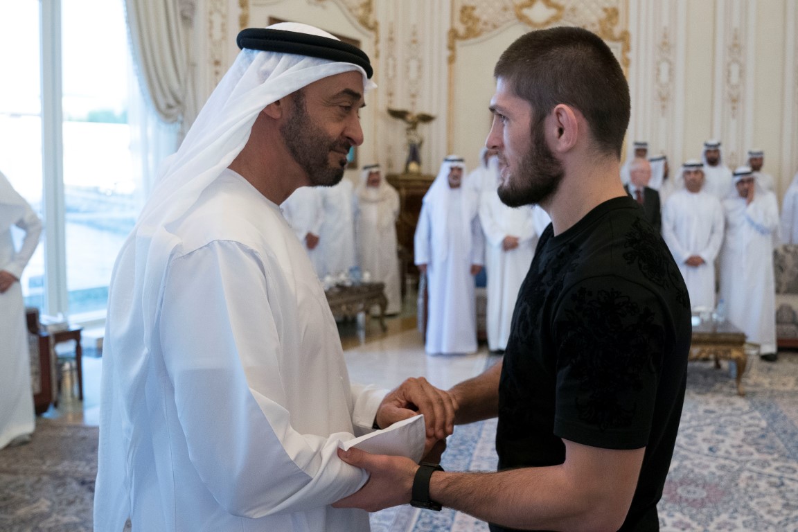 Sheikh Mohamed bin Zayed receives Khabib Nurmagomedov UFC Lightweight Champion and winner of UFC 242 Abu Dhabi at the Sea Palace in Abu Dhabi