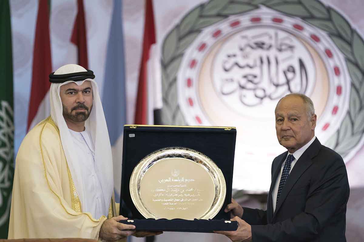 Minister of Cabinet Affairs and The Future Mohammed Abdullah Al Gergawi received the award on behalf of Sheikh Mohammed at a ceremony held at the Arab League headquarters in Cairo, Egypt.