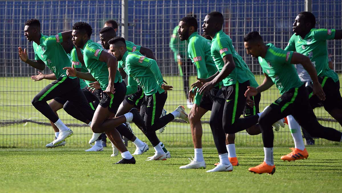 Saudi Arabia's players run during a training session in Saint Petersburg, ahead of the Russia 2018 World Cup football tournament.