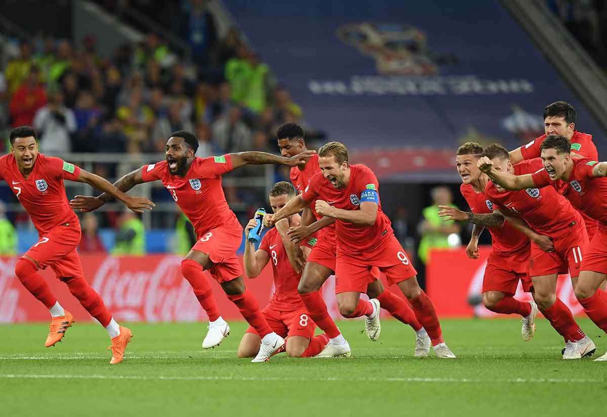 The England players celebrate after Eric Dier of England scores the winning penalty in the penalty shoot out during the 2018 FIFA World Cup Russia Round of 16 match between Colombia and England at Spartak Stadium on July 3, 2018 in Moscow, Russia.