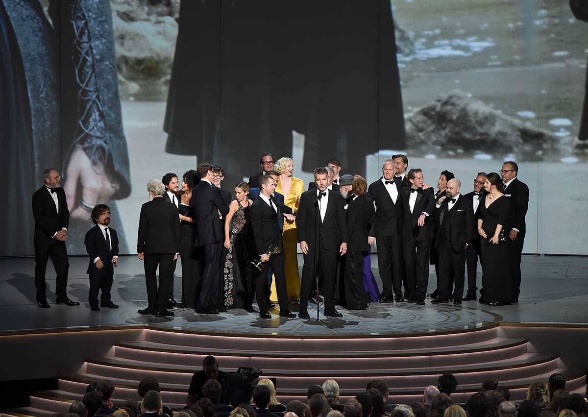 David Benioff (centre) and cast and crew accept the Outstanding Drama Series award for 'Game of Thrones ' onstage during the 70th Emmy Awards at Microsoft Theater on September 17, 2018 in Los Angeles, California.