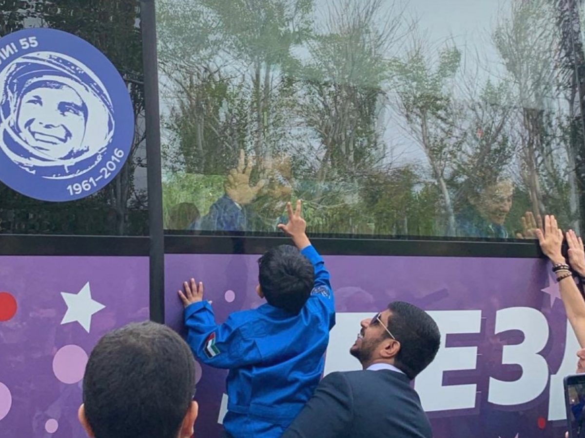 Mansoori waved goodbye to his children from the bus which took him to the Soyuz rocket that will blast into space just before 6pm local time from Baikonur in Kazakhstan.