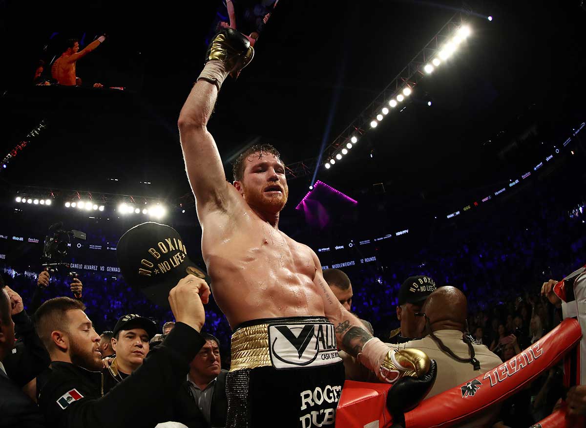 Canelo Alvarez poses with the Championship belts after his majority decision win against Gennady Golovkin during their WBC/WBA middleweight title fight at T-Mobile Arena on September 15, 2018 in Las Vegas, Nevada.