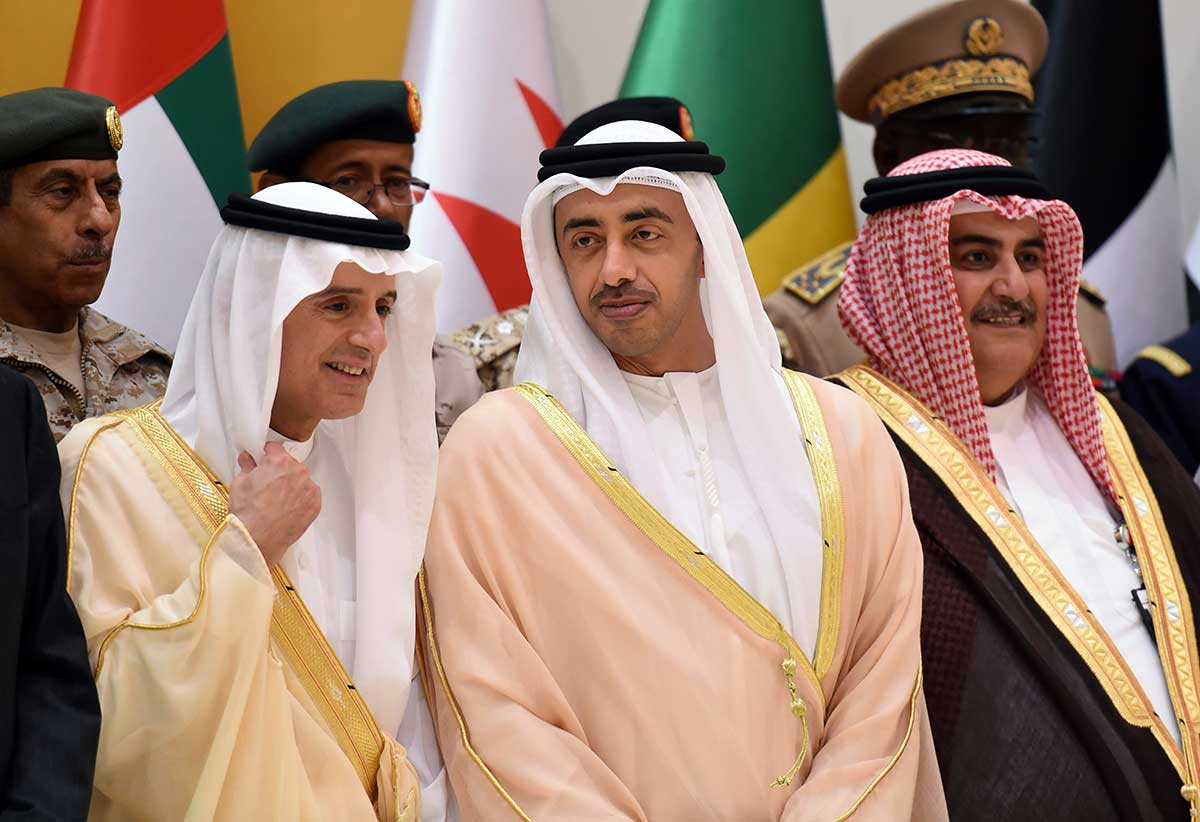 Saudi Arabian Foreign Minister Adel al-Jubeir (L), UAE Minister of Foreign Affairs Abdullah bin Zayed Al-Nahyan (C) and Bahraini Foreign Minister Khalid bin Ahmed al-Khalifa