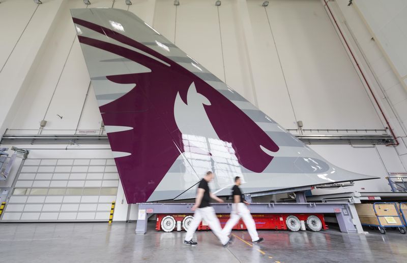 Qatar Airways logo on the tail of its first A380 being built by Airbus.