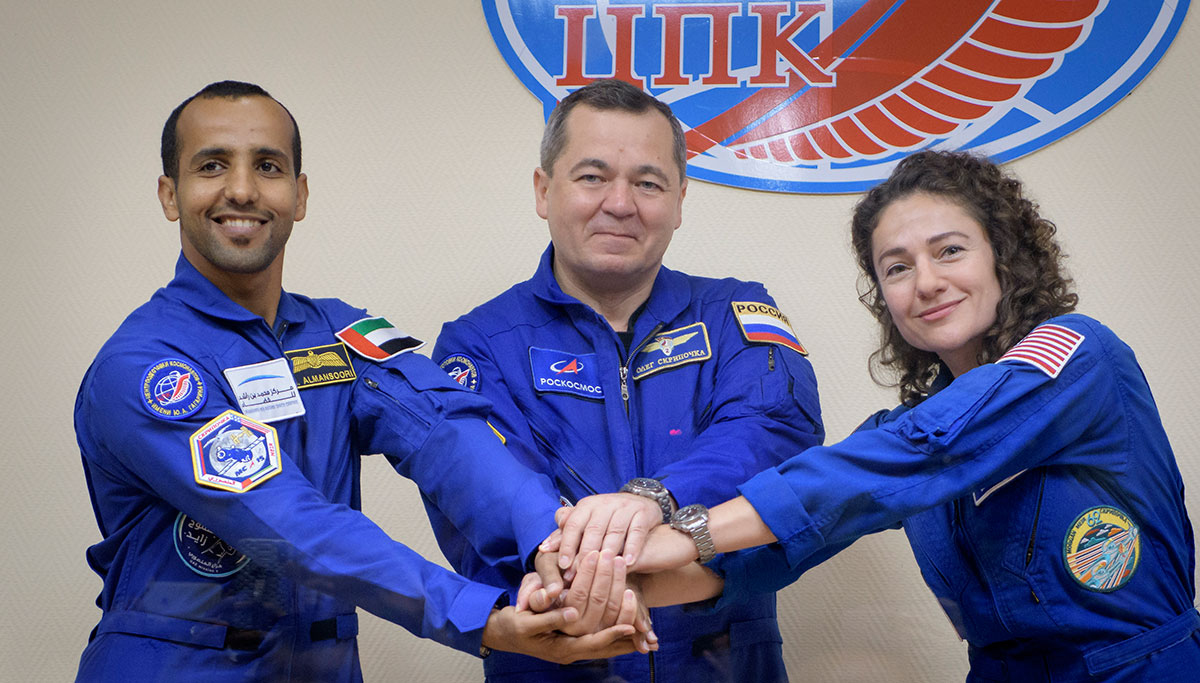 Hazzaa al-Mansoori, 35, is set to blast into space accompanied by Russia's Oleg Skripochka and NASA astronaut Jessica Meir onboard a Soyuz rocket from Baikonur in Kazakhstan on Wednesday.