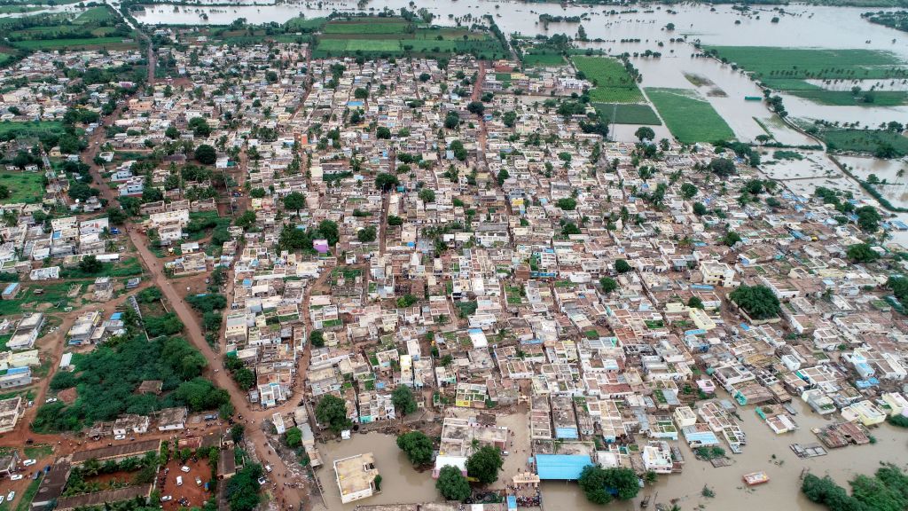 An aerial view of Kamtagi village submerged in floodwaters in Bagalkot district in Karnataka. (AFP/Getty Images)