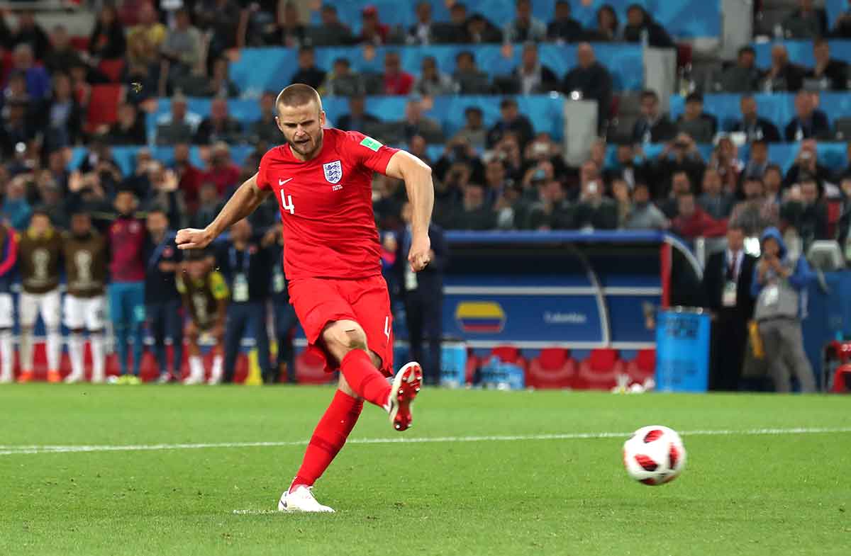 Eric Dier of England scores his team's fifth penalty in the penalty shoot out to win the match during the 2018 FIFA World Cup Russia Round of 16 match between Colombia and England at Spartak Stadium on July 3, 2018 in Moscow, Russia.