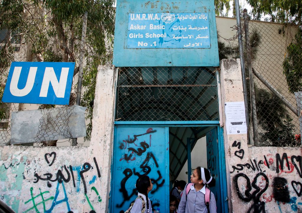 Palestinian girls exit from a school run by the UNRWA for Palestinian refugees in the Askar refugee camp east of Nablus on September 2, 2018 (Photo credit JAAFAR ASHTIYEH AFP/Getty Images)