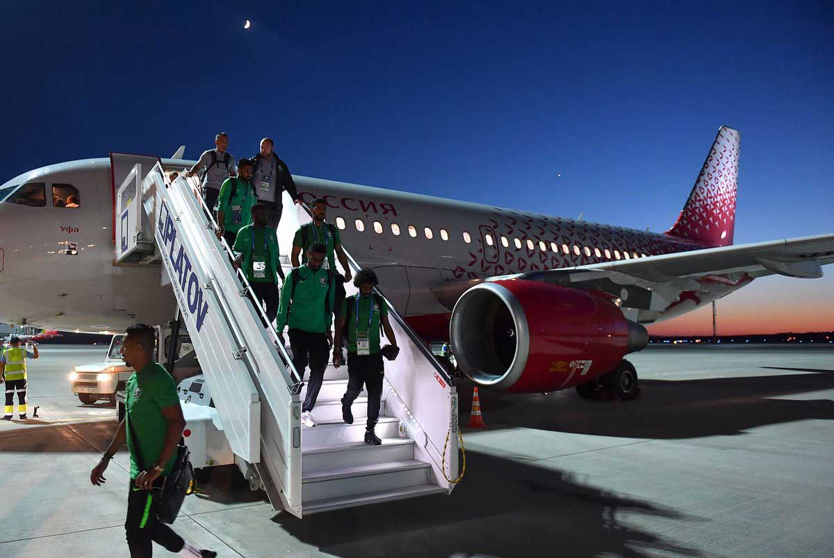 Saudi players emerging from the flight that landed in Rostov-on-Don.