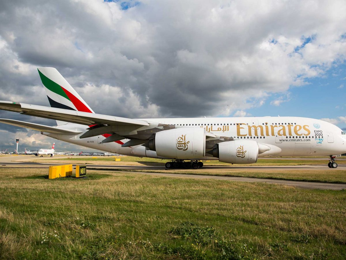 An Emirates Airbus A380 aircraft at Heathrow Airport.