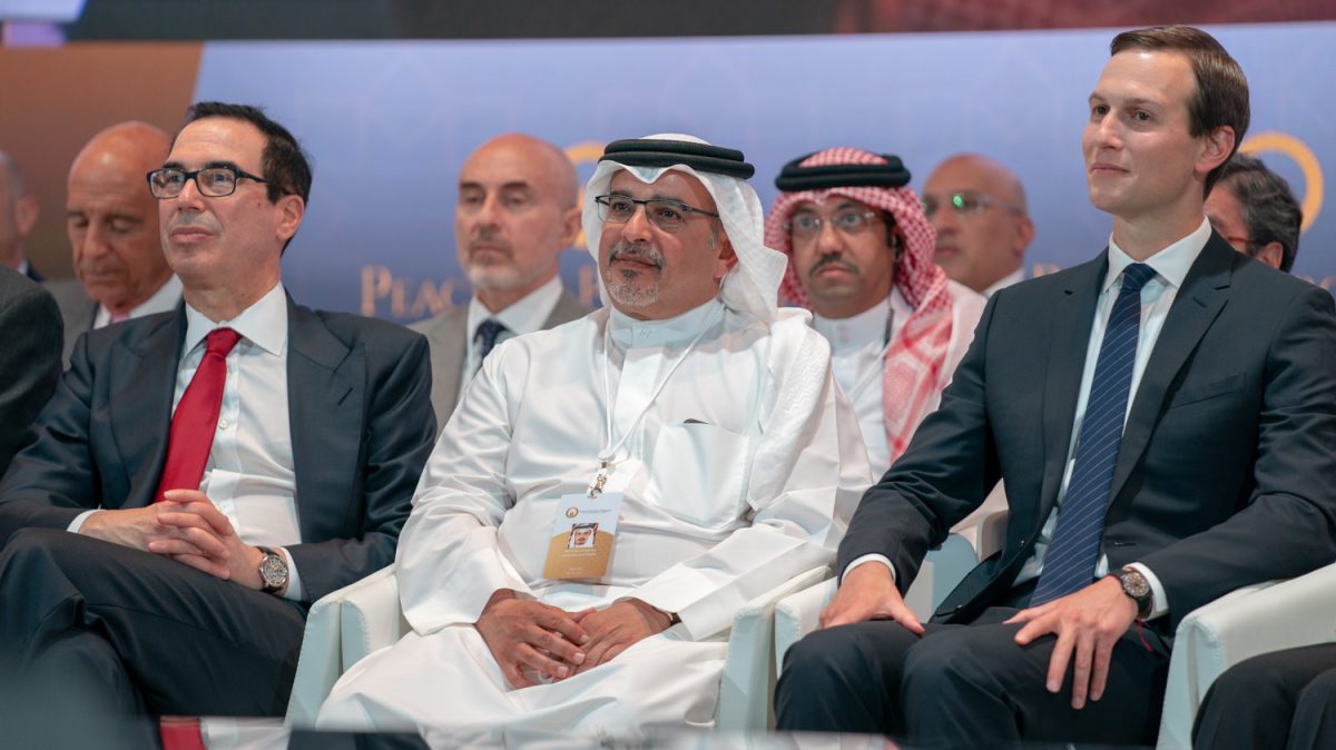 Bahrain Crown Prince Salman bin Hamad Al-Khalifa (centre), White House adviser Jared Kushner (right) and Steven Mnuchin, United States Secretary of the Treasury at the Peace to Prosperity event in Bahrain. 
Images: Bahrain News Agency.