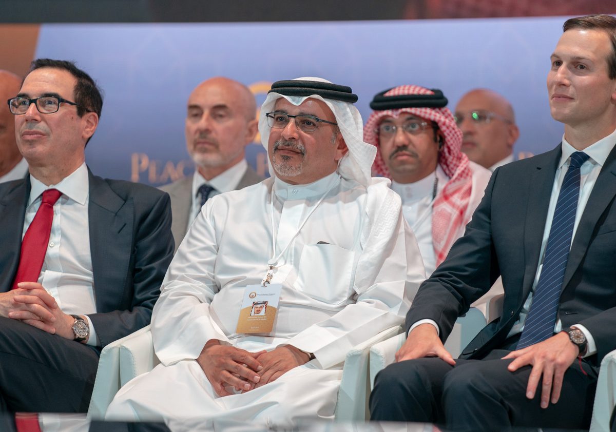 Bahrain Crown Prince Salman bin Hamad Al-Khalifa (centre), White House adviser Jared Kushner (right) and Steven Mnuchin, United States Secretary of the Treasury at the Peace to Prosperity event in Bahrain. 
Images: Bahrain News Agency.