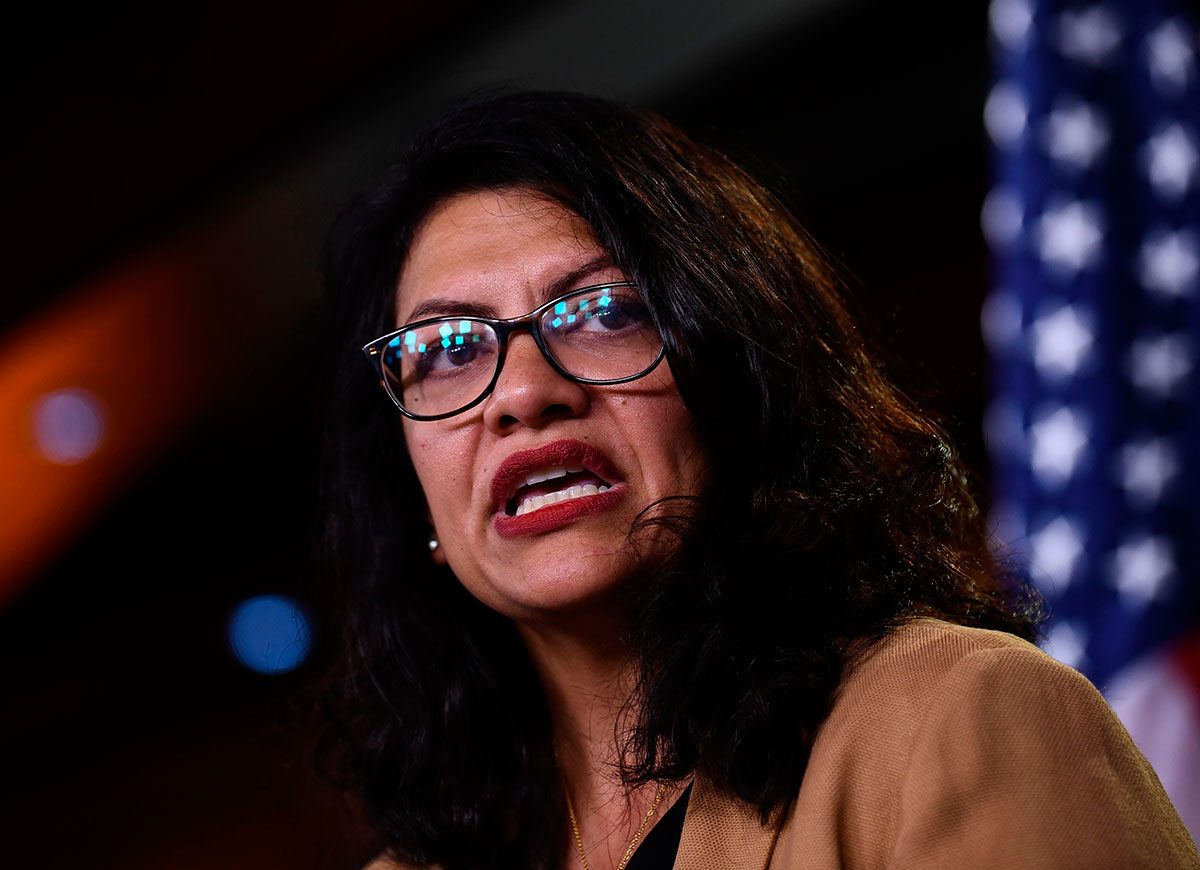 US Representative Rashida Tlaib (D-MI) speaks during a press conference, to address remarks made by US President Donald Trump earlier in the day, at the US Capitol in Washington, DC on July 15, 2019. - President Donald Trump stepped up his attacks on four progressive Democratic congresswomen, saying if they're not happy in the United State